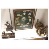 Group golf items including clock, bookends, bank &