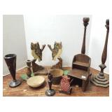 Group of vintage wood items, owl bookends, etc.