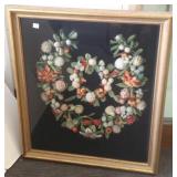 Large shadow box framed needlework wreath