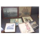 6 framed photos, lithos & needleworks, etc