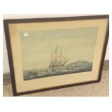 Framed antique W.J. Huggins engraving- whaling