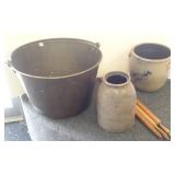 Large brass kettle, 2 pieces early stoneware &