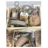 Group of wooden pulleys, bells, etc.