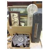 Group of framed items, thermometers, etc.