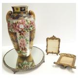 16" Satsuma vase, plateau & Art Nouveau frames