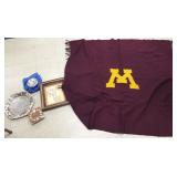 Group including silver coin clock, U of M blanket,