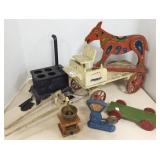 Group of wood pull toys, cast iron toy scale, etc