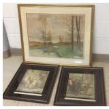 3 framed prints, etc including etching