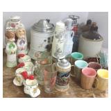 Group including steins, crocks, lantern, etc.