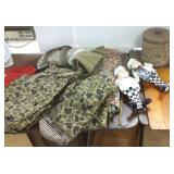 Group including vintage hats, camo clothing, etc