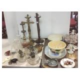 Group candlestands, pottery, lamps, etc