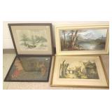 4 framed antique, etc lithos, prints & paintings