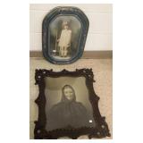 2 ornately framed portraits- 1 convex glass