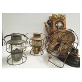 2 railroad lanterns, electric fan & replica phone