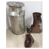 Milk can & iron pump, etc