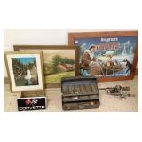 3 framed items, fishing rods, tackle box, etc