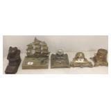 4 antique brass inkwells art nouveau, ship motif