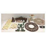 Group of garden iron, mini bird bath, grate