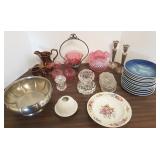 Group cranberry, etc. glass, B&G plates, copper