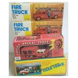 6 friction trucks with boxes - 4 fire trucks,