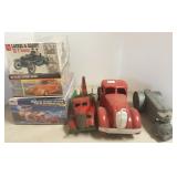 3 car model kits, 2 steel trucks & a Hubley
