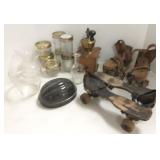 Group of wood roller-skates, coffee grinder, jars,