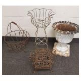 3 pieces wrought iron garden items & a cast