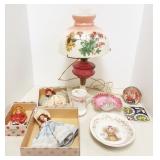 Group: glass, china, electrified kerosene lamp &