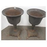 2 cast iron garden urns with ornate bases - 22" h
