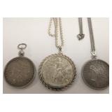 3 silver coin necklaces - 2 Morgan silver dollars