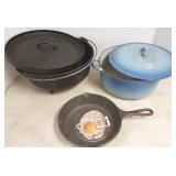 3 cast iron Dutch ovens, etc.