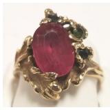 14K leaf form ring set with large red stone &