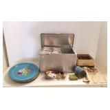 Vintage cooler, tin items, ladies hat, etc.