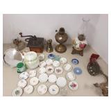 Group: kerosene lamps, butter pats, coffee