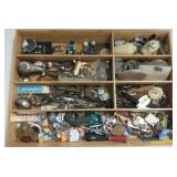 Large wood tray, small collectibles, fobs,