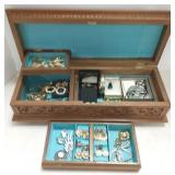 Carved jewelry box with vintage jewelry - 19" x 7"