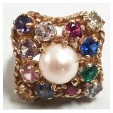 10K gold ring set with pearl & colored stones - 8