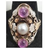 14K antique style ring set with pearl & pink