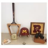 Group of sports, etc items incl. U of M helmet,