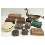 Group of assorted boxes, carved wood, etc & brass