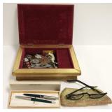 Musical jewelry box, Sheaffers pens, assorted