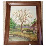 Framed oil on board - tree in bloom - 23" x 29" OD