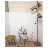 Mid-century floor lamp, wire stool & 2 wire racks