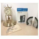 Anniversary clock, agate bookends & Sony