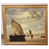 Framed oil on canvas - sailboats -27" x 31" O.D.