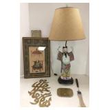 Oriental figural lamp, handpainted plaque 11" x