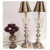 3 silverplated lamps- 2 with prisms & 1 with glass
