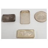 3 silver bars & 1 round- 7 troy oz total-