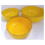 3 mid century yellow enameled bowls- two 8" &