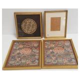 4 framed Oriental items- textiles, etc-